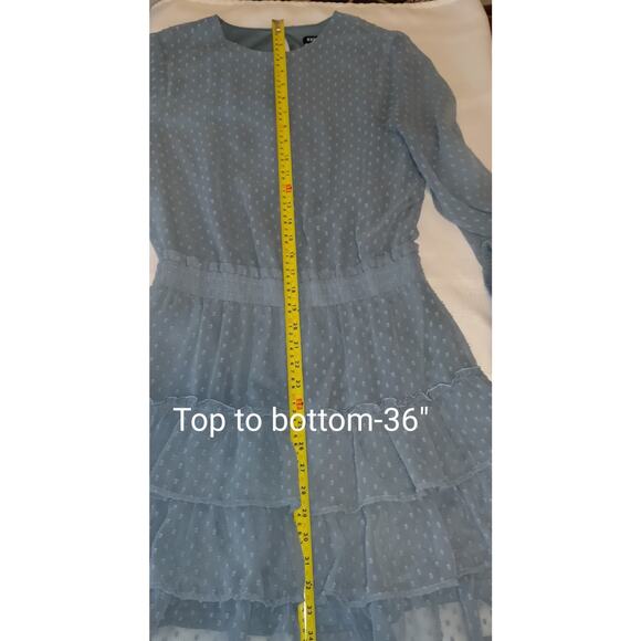 Express Blue Mini Dress SMALL Tiered Ruffles Swiss Squares Sheer Lined Keyhole - Picture 9 of 16